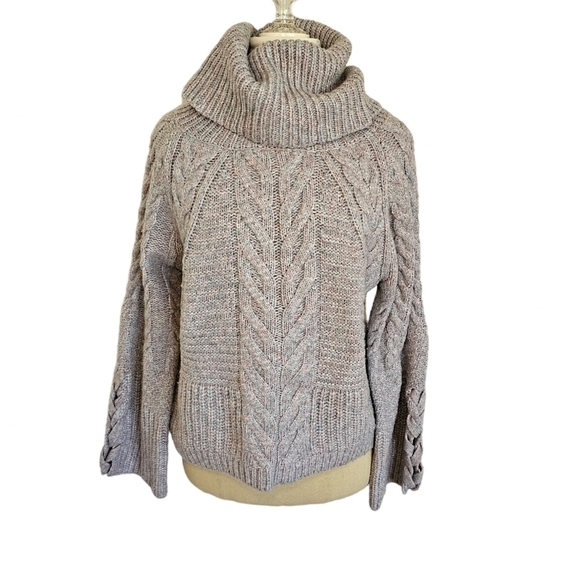 Express Marled Grey Cowl Neck Bell Sleeves Cable Knit Sweater Top Sz M - Picture 1 of 5